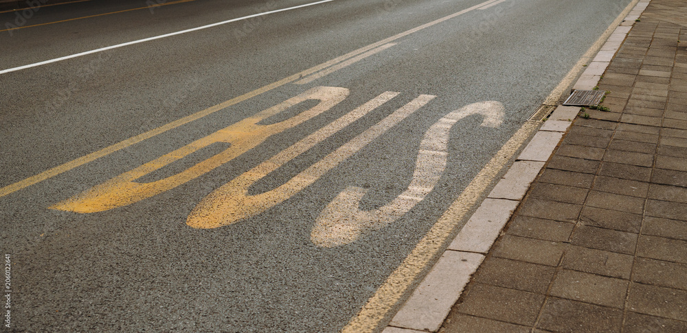 Fototapeta premium Bus lane marking painted on an urban roadway beside a sidewalk. Concept of public transport, traffic management and city infrastructure.