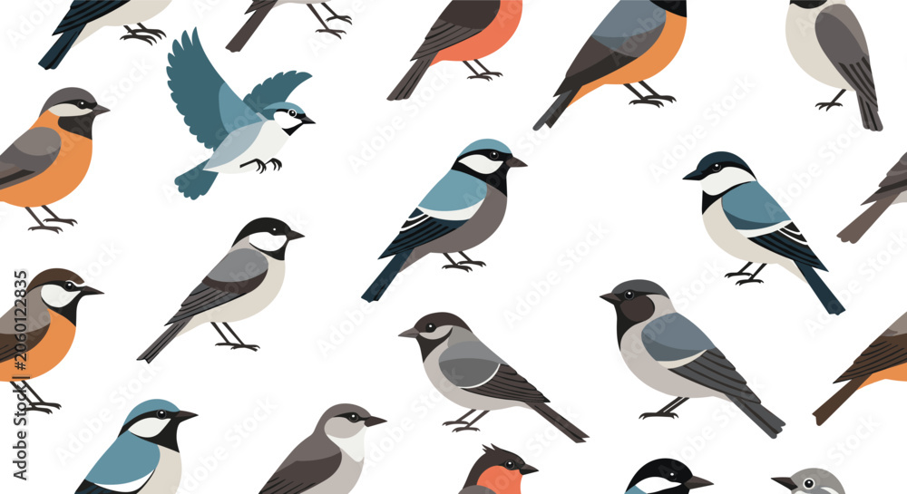 Fototapeta premium Seamless pattern displays various species of small birds in different poses against a clean white background for nature lovers.