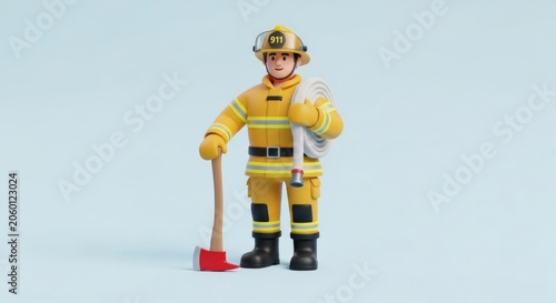 A cartoon firefighter holding a hose and an axe.