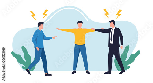 Obraz na płótnie Two men pointing fingers at each other with lightning bolts above heads, third person in middle with arms outstretched, conflict dispute argument disagreement concept illustration