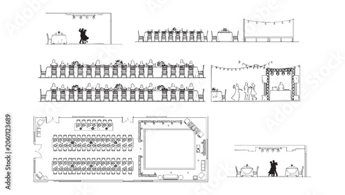 Wedding Banquet Tables and Dance Floor CAD Blocks – Top and Side View Layout Vectors