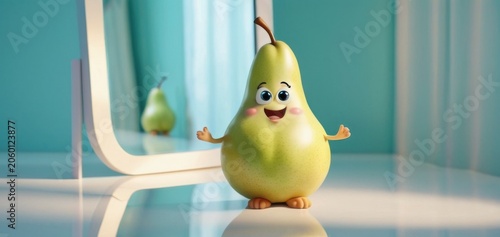 happy pear smiling looking at camera on reflective surface, copyspace, food concept