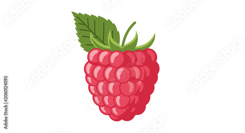 Vibrant vector raspberry with green leaf isolated on white background
