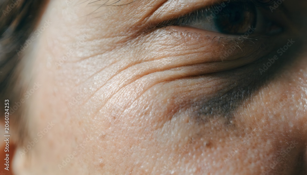 Fototapeta premium Under Eye Wrinkles and Dark Shadows Realistic Aging Skin Close Up