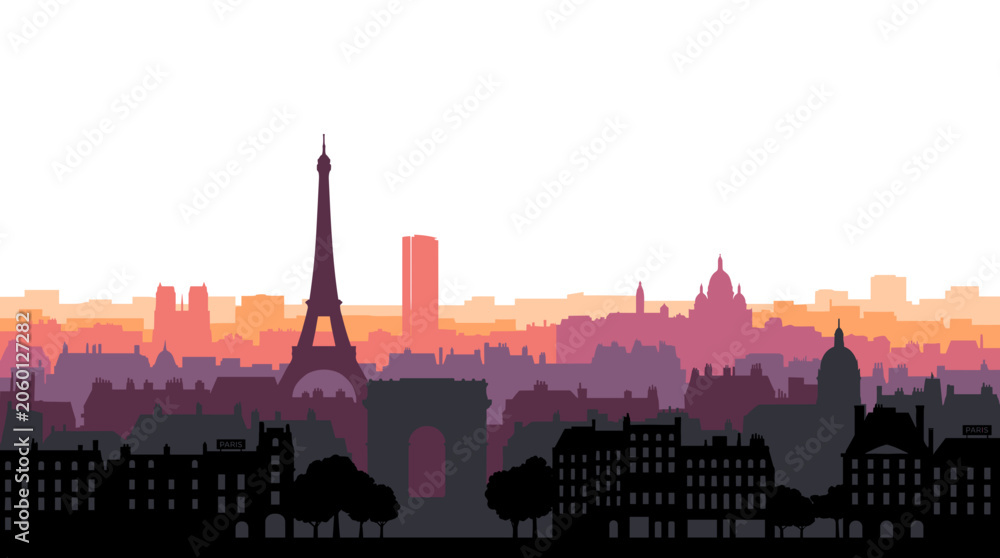 Naklejka premium A vibrant, stylized cityscape silhouette of Paris at sunset, featuring iconic landmarks like the Eiffel Tower and Arc de Triomphe against a gradient sky.