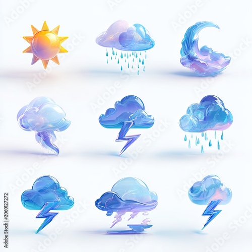 Collection of 3D Weather Icons with Sun, Moon, Clouds, Rain, and Lightning.