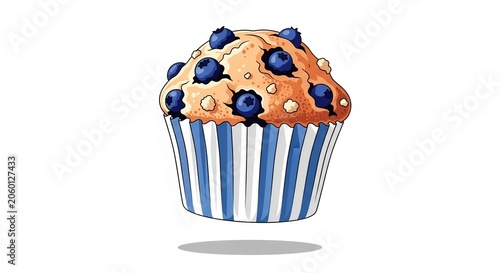 Delicious Blueberry Muffin Illustration with Fresh Berries and Blue Striped Paper Liner Isolated on White