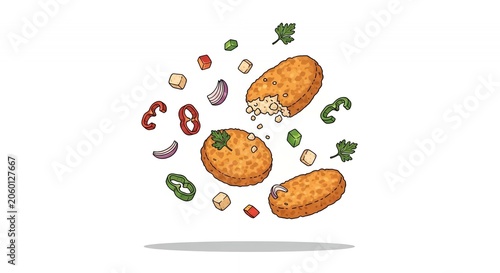 Dynamic levitating potato hash brown patties with fresh peppers onions and herbs isolated on white vector illustration