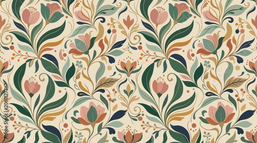 Vibrant floral pattern with leaves.