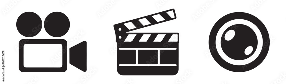 Fototapeta premium Vintage movie camera, clapperboard, and cinema lens. film industry equipment vector icon set.