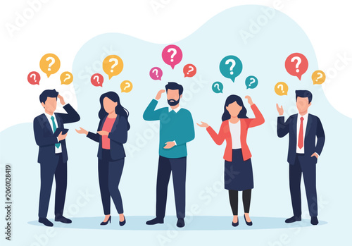 Photos Diverse group of people looking confused with question marks floating above their heads, indicating uncertainty, problems, or decision-making challenges