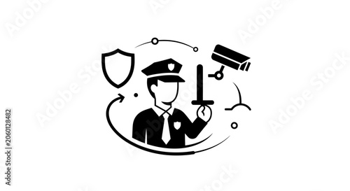 Security guard with shield and camera.