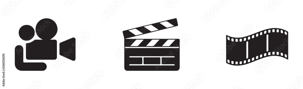 Fototapeta premium Vintage video camera, clapperboard, and film reel icons set on transparent background vector.