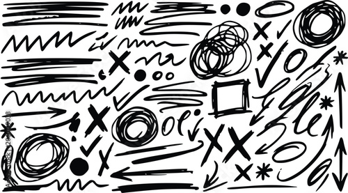 Scribble doodle set featuring hand drawn vector arrows circles crosses lines and various abstract marks for creative graphic design projects
