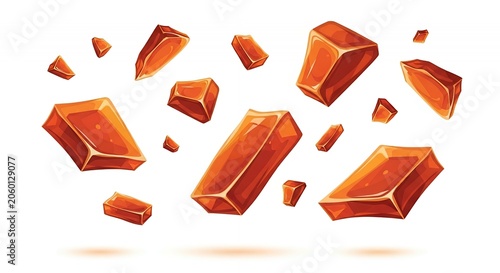 Falling pieces of amber stones or orange caramel cubes floating in the air isolated on a clean white background.