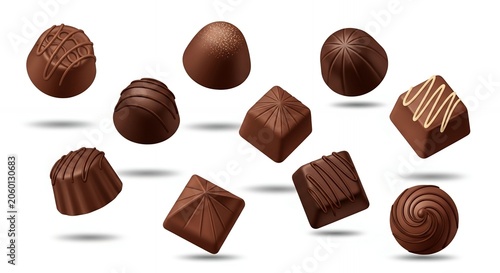 Assorted Gourmet Milk and Dark Chocolate Pralines Floating Over White Background Perfect for Dessert and Sweet Menu