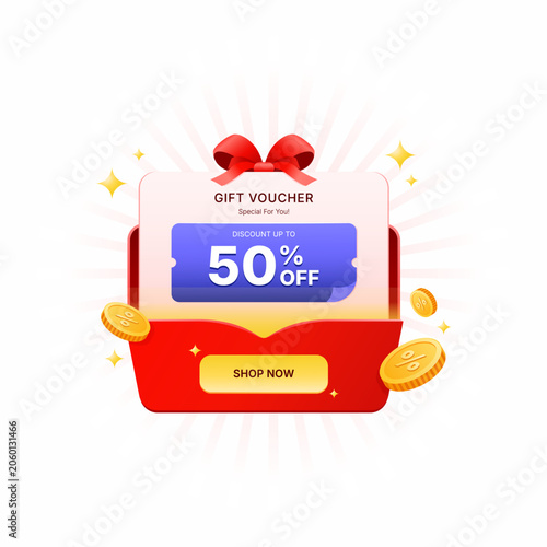 Obraz na plátně Gift Voucher Discount Promotion Illustration with Gift Box, Shopping Coupon, 50