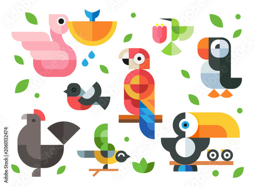 Colorful Geometric Tropical Birds Vector Illustration Set in Scandinavian Folk Art Style