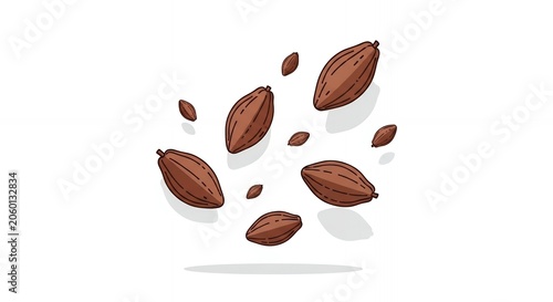 Floating Cocoa Bean Pods Illustration for Chocolate Making, Falling Brown Tropical Fruit Isolated on White Background