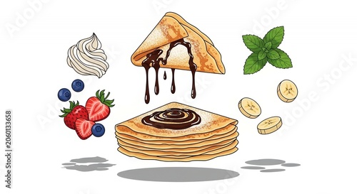 Hand Drawn Illustration of Sweet Crepes Stack with Melted Chocolate Topping Berries Banana and Cream on White Background