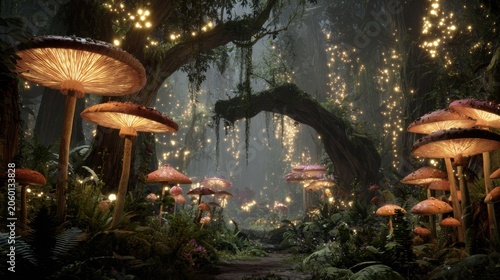 Enchanting mystical forest glowing mushrooms illuminating a dark, magical woodland path