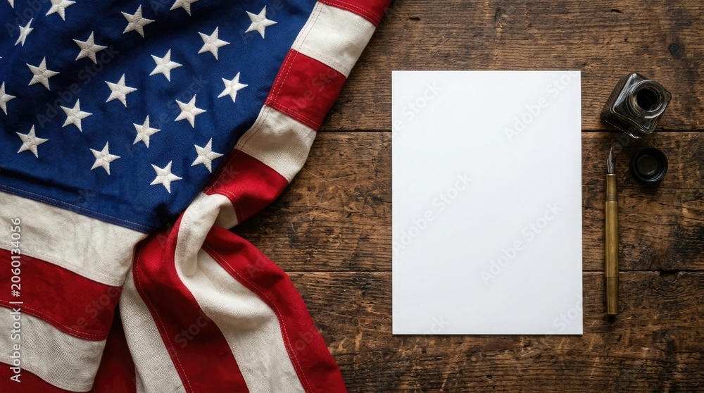 Fototapeta premium American flag and stationery on wood table patriotic composition