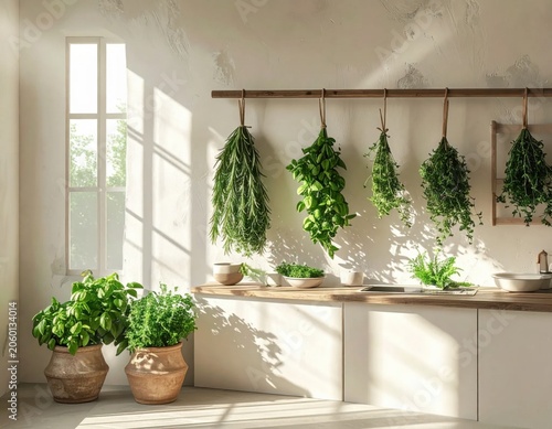 Fresh green herbs drying on kitchen wall rack, sunlight streaming through window, rustic farmhouse decor, culinary preparation, organic garden harvest