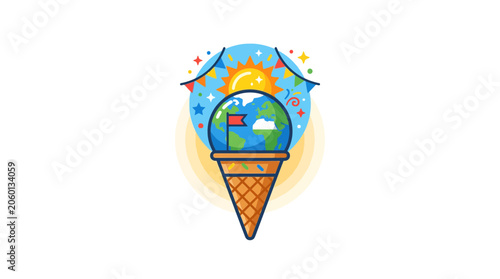Planet Earth as Ice Cream Cone with Sun and Party Flags - Global Celebration
