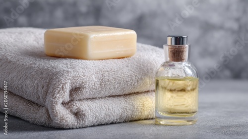 A gentle bar of soap resting on a soft towel, with a small bottle of oil nearby, perfect for a relaxing bath or spa experience