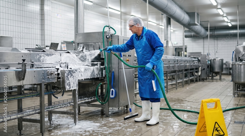Fototapeta premium Industrial food facility sanitation scene with protective clothing, wet floor controls and clean equipment after manufacturing shift.