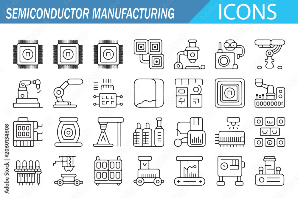 Fototapeta premium Semiconductor Manufacturing Icon Set with Chip Production, Wafer Fabrication, Cleanroom Process and Technology Industry Vector Line Icons for Electronics Engineering