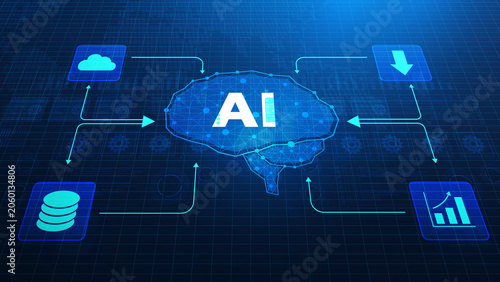 AI Brain Connection: An abstract visualization of an artificial intelligence brain connecting to various data inputs and outputs, representing the interconnectedness and processing power of AI