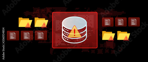 Database Error Alert: A prominent alert symbol overlays a database icon, surrounded by folders and documents indicating a system failure or data corruption.