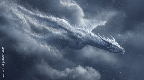 Mystical white dragon soaring through a cloudy, ethereal sky, embodying power and ancient fantasy legends