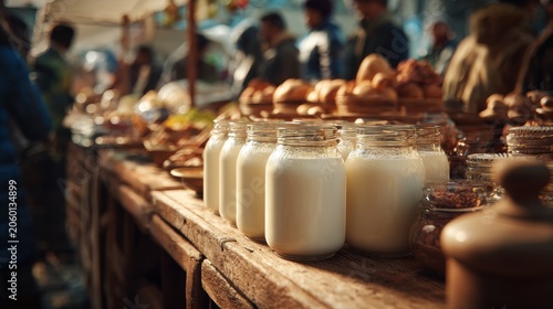 Refreshing dairy products in glass bottles lined up on a wooden market stall, ready for sale at a bustling food fair