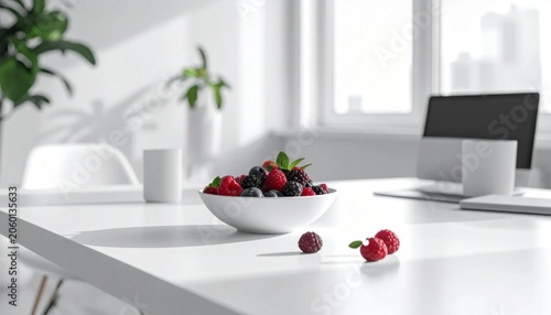 Fresh raspberries and blackberries in white bowl on minimalist table, office break room background, healthy nutrition, workplace snack