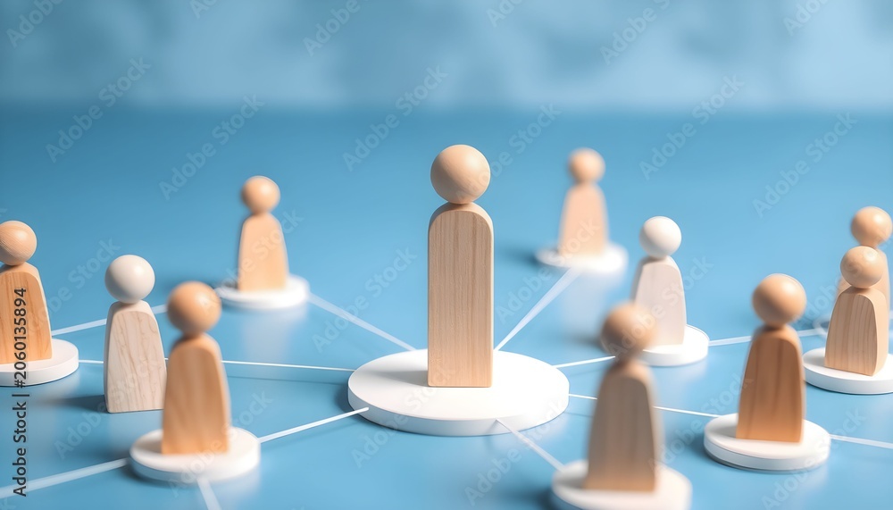 Obraz premium Conceptual image of a leader connecting with their team, represented by wooden figures on a blue background