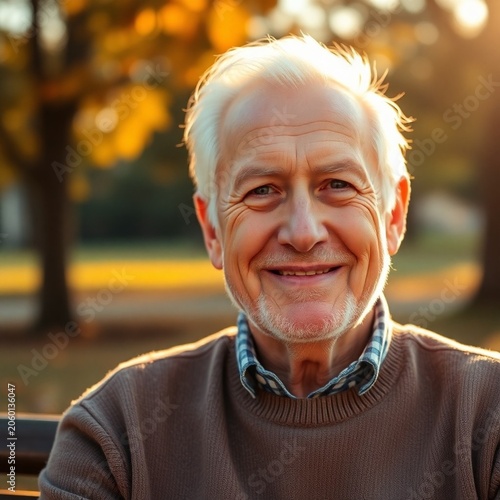 an elderly man with a kind serene smile sitting on a park be