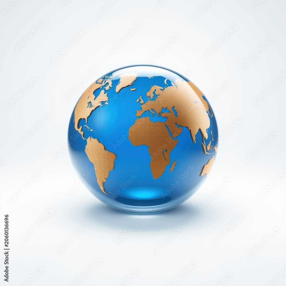 Fototapeta premium Glass globe depicts continents, oceans. Shiny surface reflects light, creating visual appeal. Simple background enhances focus.