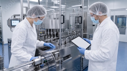 Pharmaceutical technician checking clean production line before new batch, showing line clearance and regulated hygiene protocol.