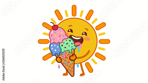 Happy Cartoon Sun Eating Ice Cream Cone, Summer Fun Illustration