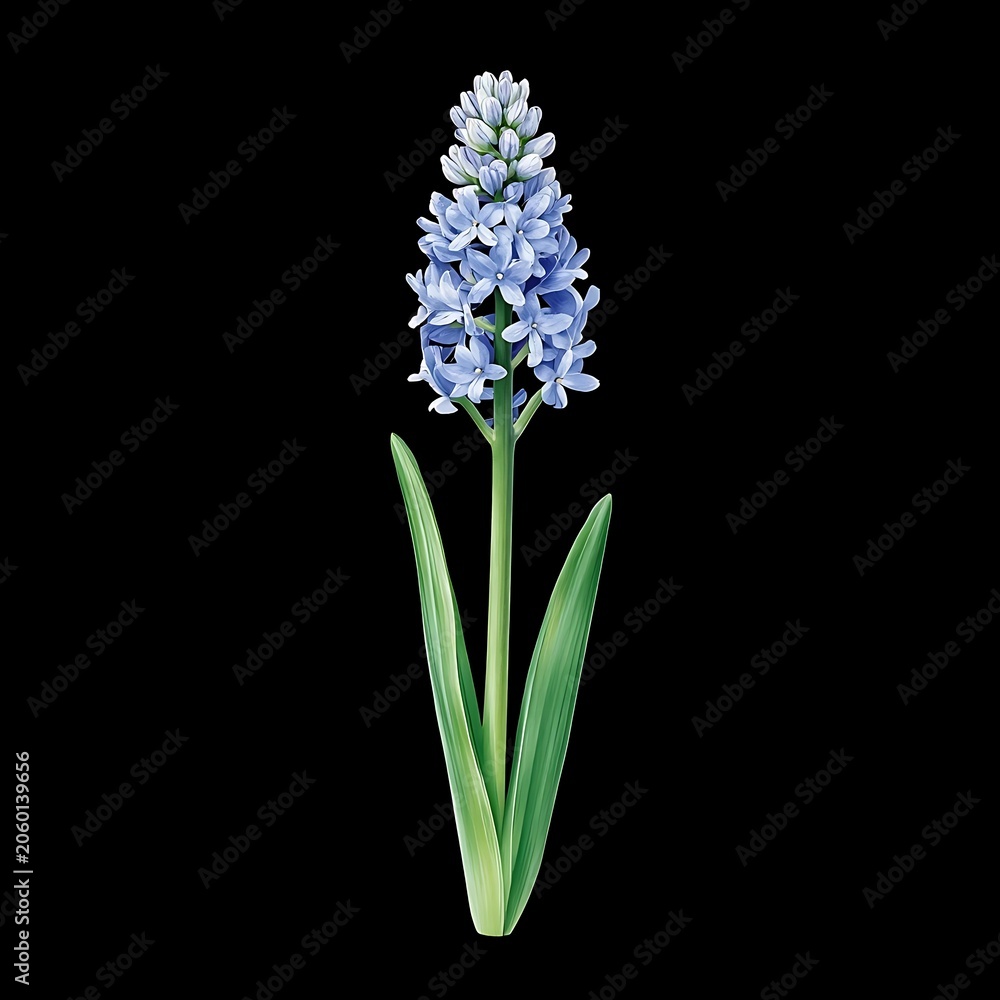 Fototapeta premium A blue hyacinth flower with green leaves on a black background