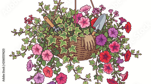 Hanging Basket with Colorful Flowers, Ivy, and Gardening Tools