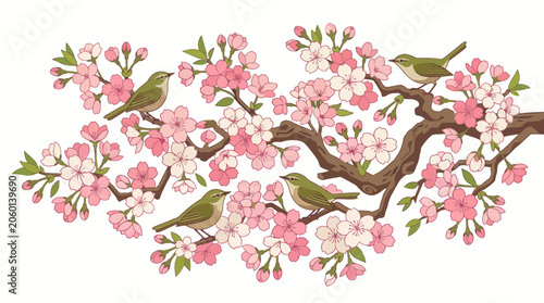 Spring Blossom Branch with Small Birds