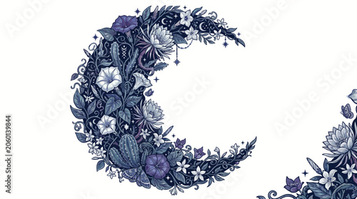 Crescent Moon Floral Illustration, Celestial Garden Design