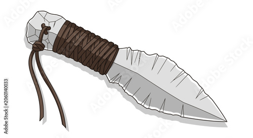 Primitive stone blade with wrapped leather handle on white background