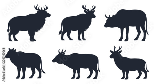 Set of six dark bull silhouettes in various standing poses against a white background
