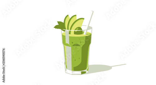 Refreshing green smoothie in glass with fruit garnish and straw