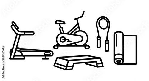 Set of home fitness equipment including treadmill exercise bike and yoga accessories
