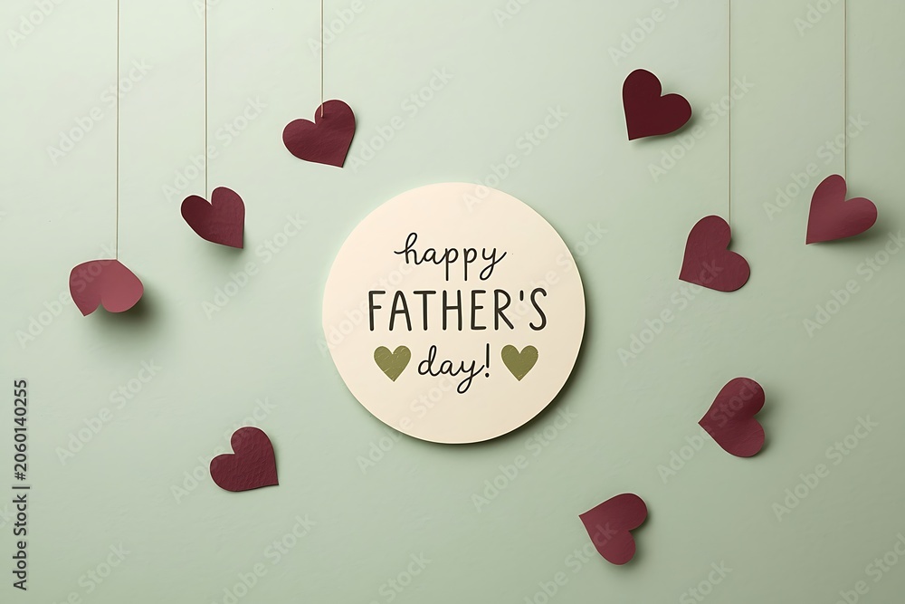 Fototapeta premium Happy fathers day text on circular card surrounded by dark red hearts with greeting background celebration affection decoration minimalist festivity conceptual appreciation gratitude
